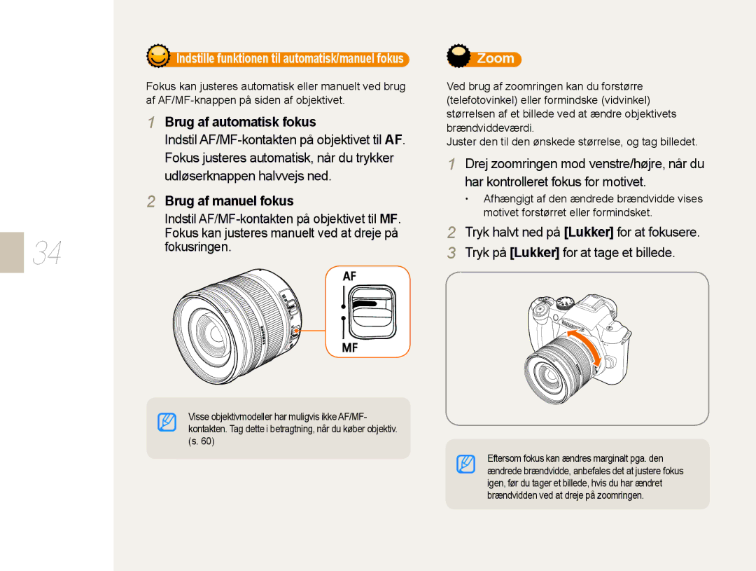 Samsung EV-NX10ZZBCBSE, EV-NX10ZZBABDK, EV-NX10ZZBABSE manual Brug af automatisk fokus, Brug af manuel fokus 