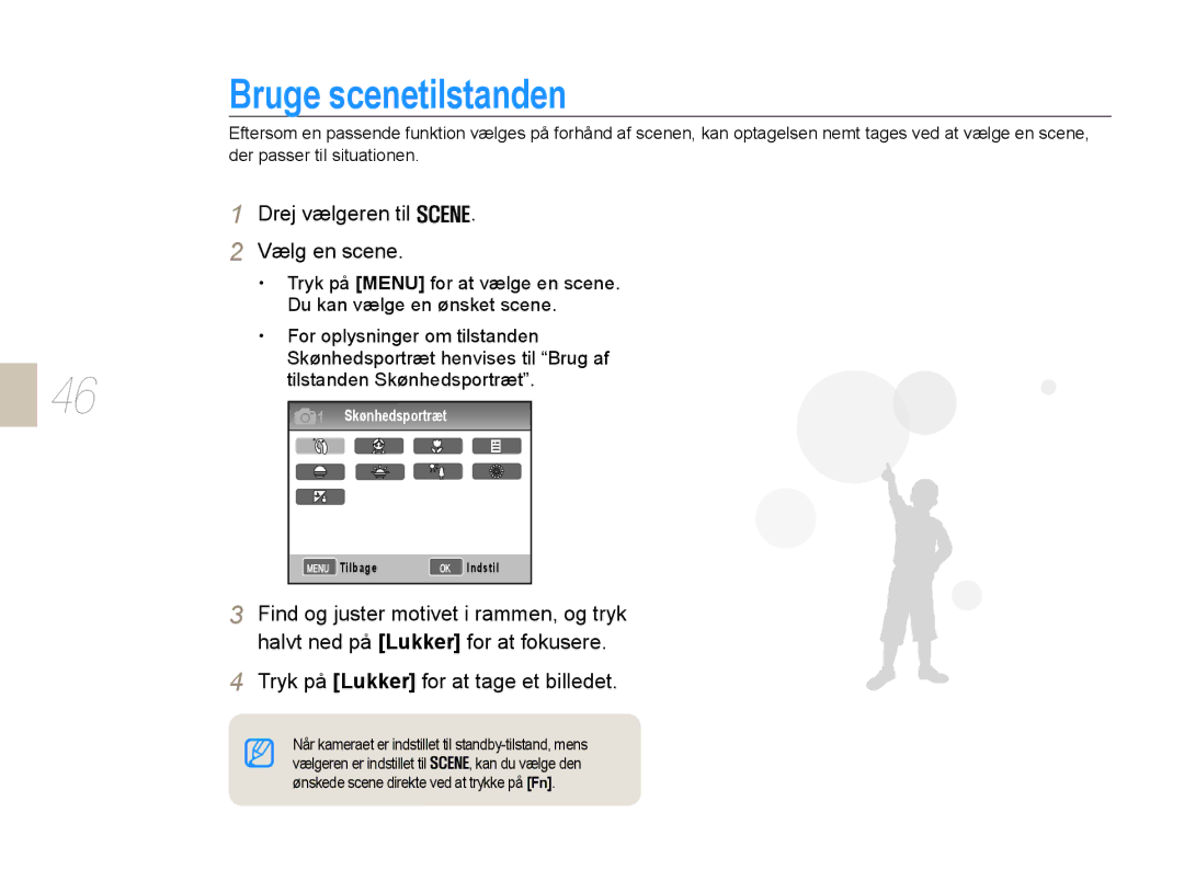 Samsung EV-NX10ZZBCBSE, EV-NX10ZZBABDK, EV-NX10ZZBABSE manual Bruge scenetilstanden, Drej vælgeren til Vælg en scene 