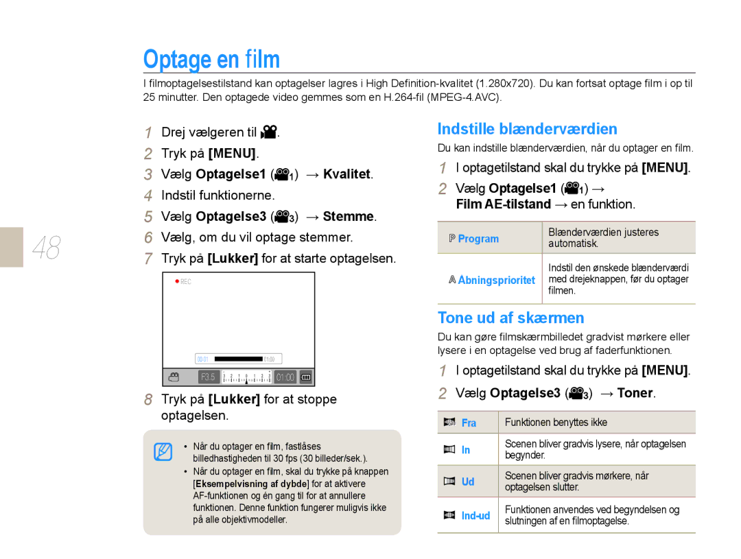 Samsung EV-NX10ZZBABDK, EV-NX10ZZBCBSE, EV-NX10ZZBABSE manual Optage en ﬁlm, Indstille blænderværdien, Tone ud af skærmen 