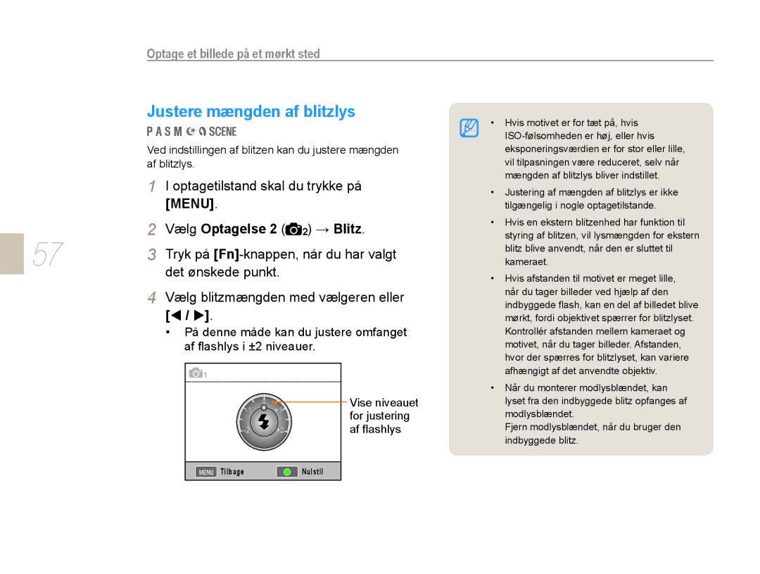 Samsung EV-NX10ZZBABDK manual Justere mængden af blitzlys, Vælg Optagelse 2 2 → Blitz, Tryk på Fn-knappen, når du har valgt 