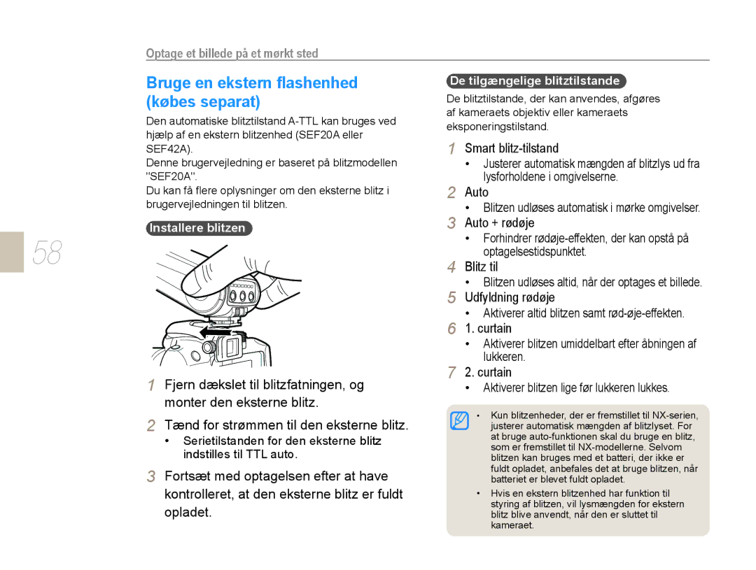 Samsung EV-NX10ZZBCBSE, EV-NX10ZZBABDK, EV-NX10ZZBABSE manual Bruge en ekstern ﬂashenhed, Købes separat 