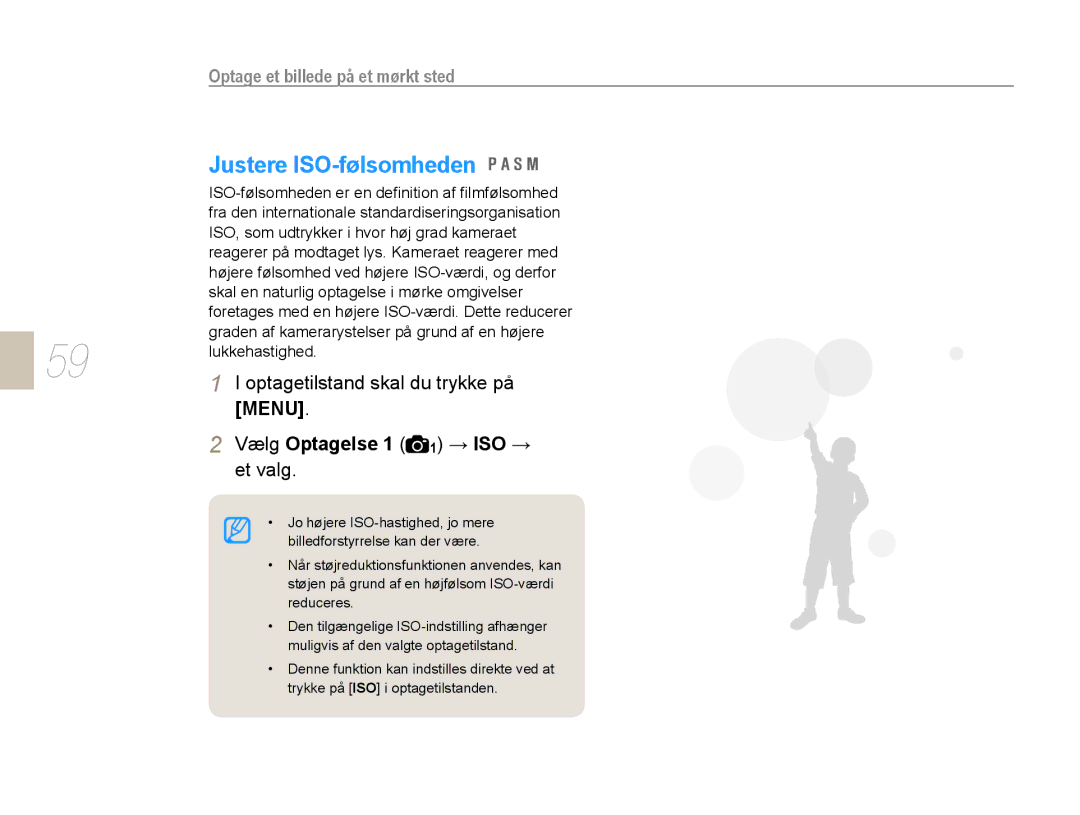 Samsung EV-NX10ZZBABSE, EV-NX10ZZBABDK, EV-NX10ZZBCBSE manual Justere ISO-følsomheden, Menu, Vælg Optagelse 1 1 → ISO → 