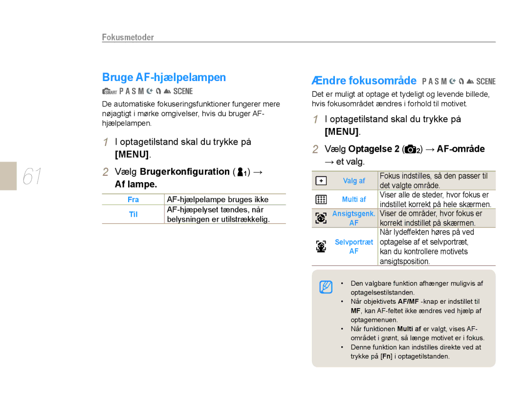 Samsung EV-NX10ZZBCBSE manual Bruge AF-hjælpelampen, Ændre fokusområde, Af lampe, Vælg Optagelse 2 2 → AF-område, Til 