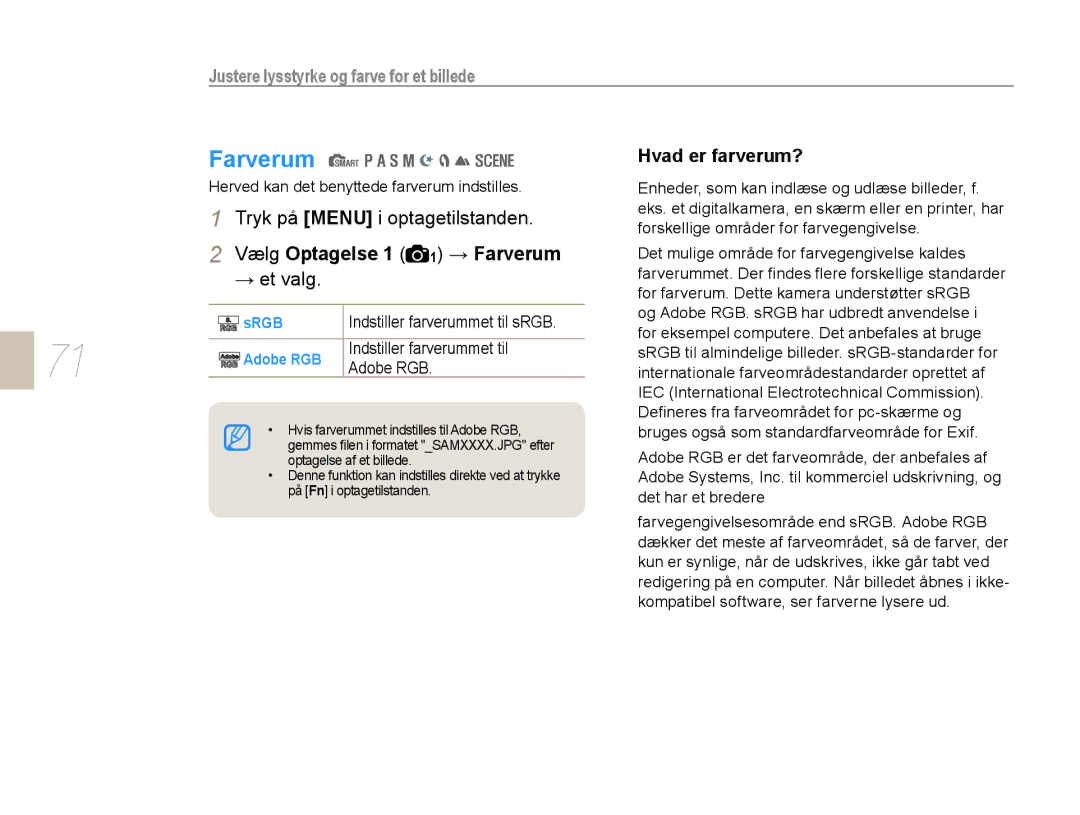 Samsung EV-NX10ZZBABSE manual Vælg Optagelse 1 1 → Farverum, Herved kan det benyttede farverum indstilles, Srgb 