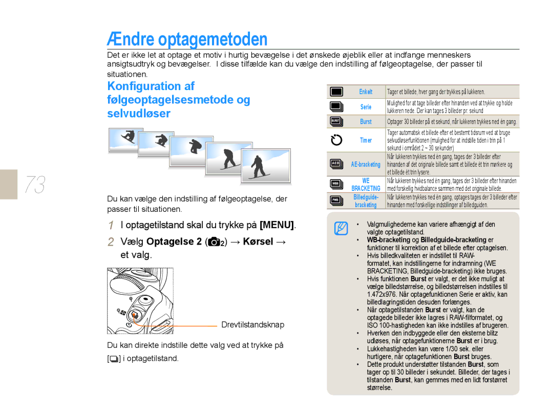 Samsung EV-NX10ZZBCBSE, EV-NX10ZZBABDK manual Ændre optagemetoden, Konﬁguration af, Følgeoptagelsesmetode og, Selvudløser 