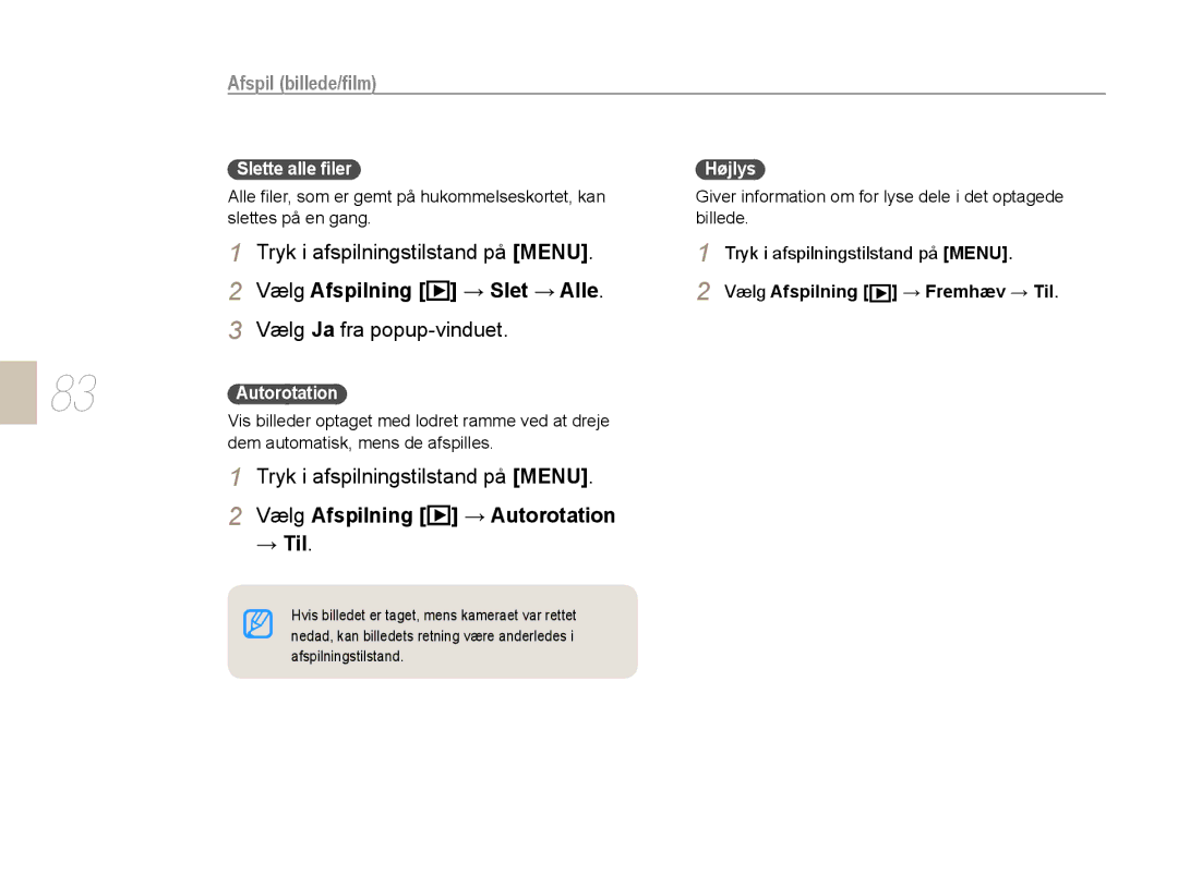 Samsung EV-NX10ZZBABSE Tryk i afspilningstilstand på Menu, Vælg Afspilning → Slet → Alle, Slette alle ﬁler, Autorotation 