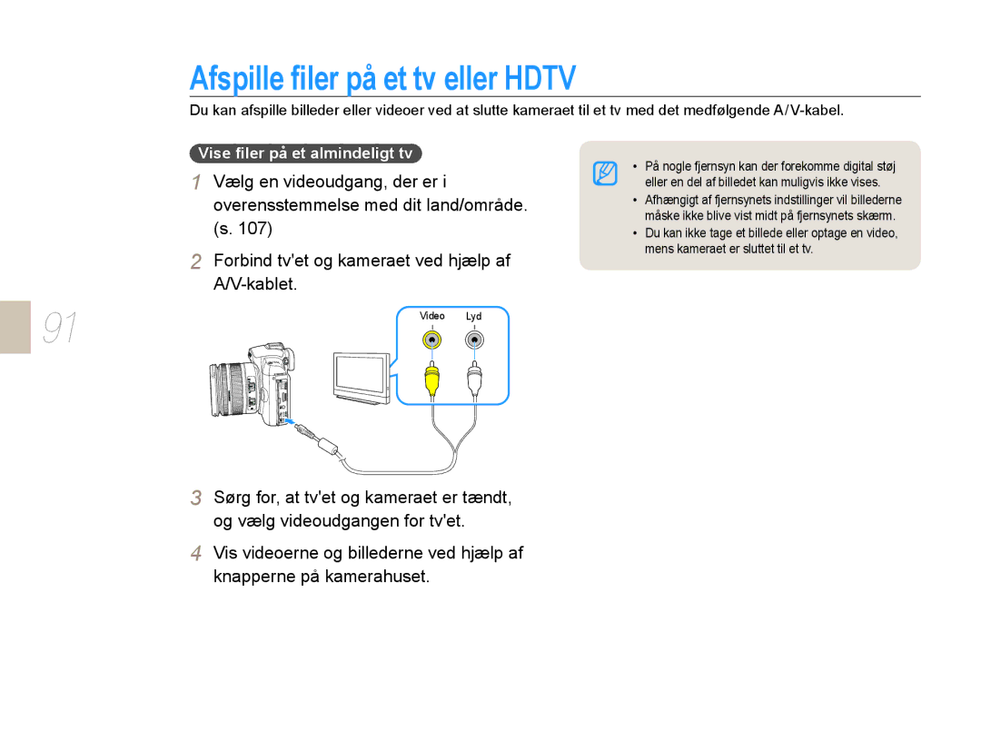 Samsung EV-NX10ZZBCBSE, EV-NX10ZZBABDK, EV-NX10ZZBABSE Afspille ﬁler på et tv eller Hdtv, Vise ﬁler på et almindeligt tv 