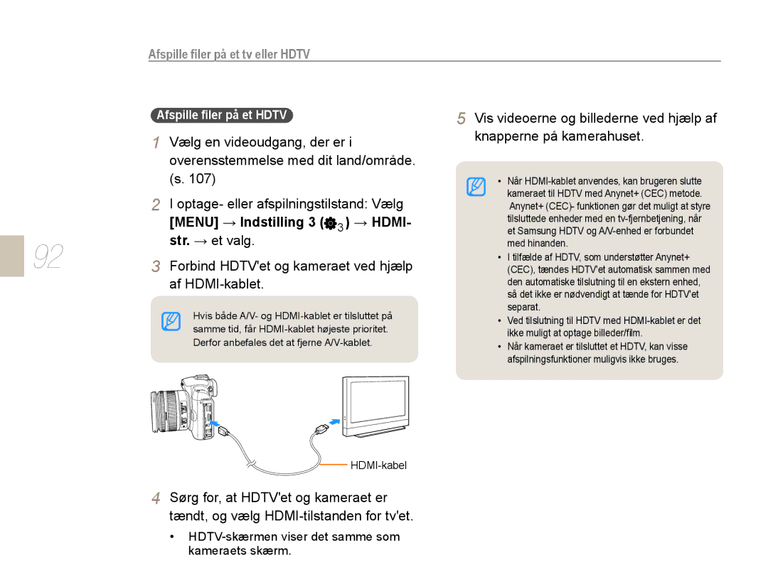 Samsung EV-NX10ZZBABSE, EV-NX10ZZBABDK, EV-NX10ZZBCBSE manual Menu → Indstilling 3 3 → Hdmi 