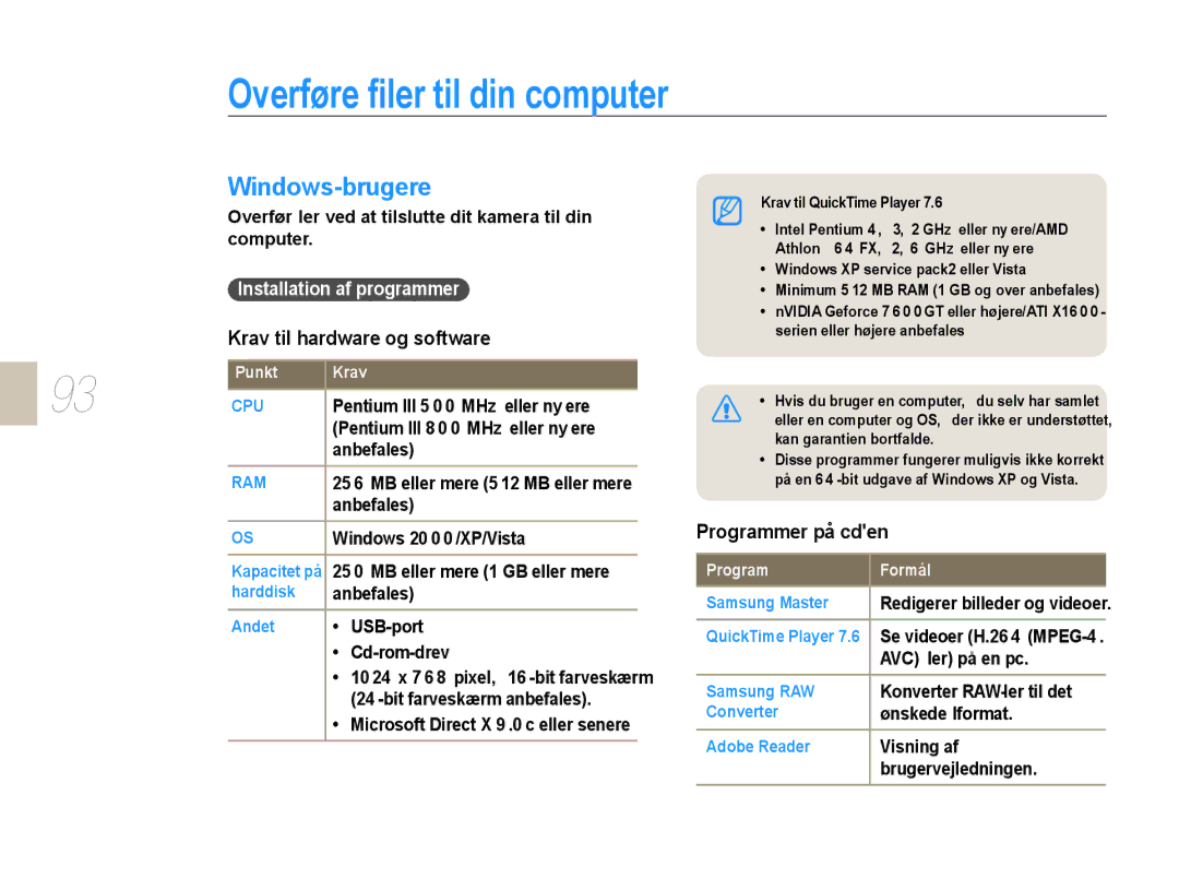 Samsung EV-NX10ZZBABDK Overføre ﬁler til din computer, Windows-brugere, Krav til hardware og software, Programmer på cden 