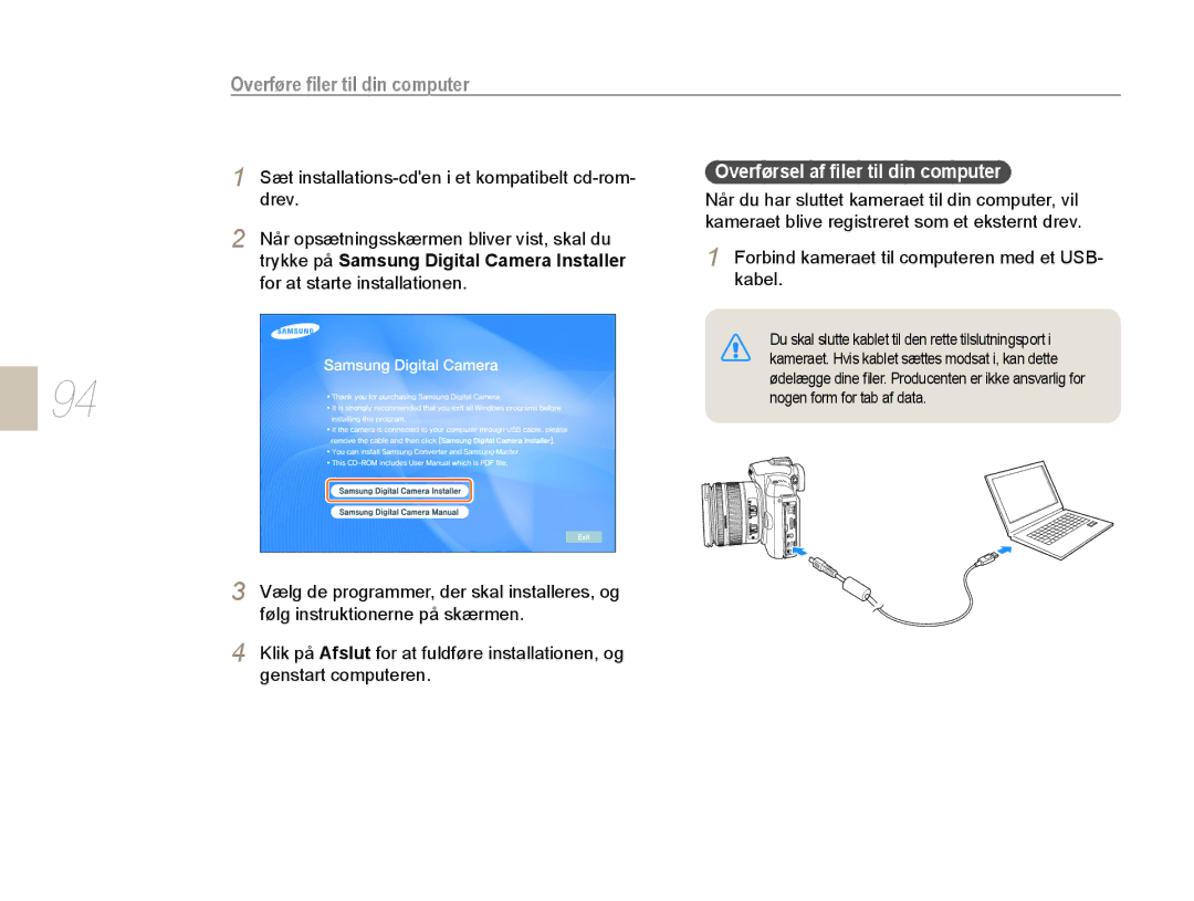 Samsung EV-NX10ZZBCBSE manual Overførsel af ﬁler til din computer, Sæt installations-cden i et kompatibelt cd-rom- drev 