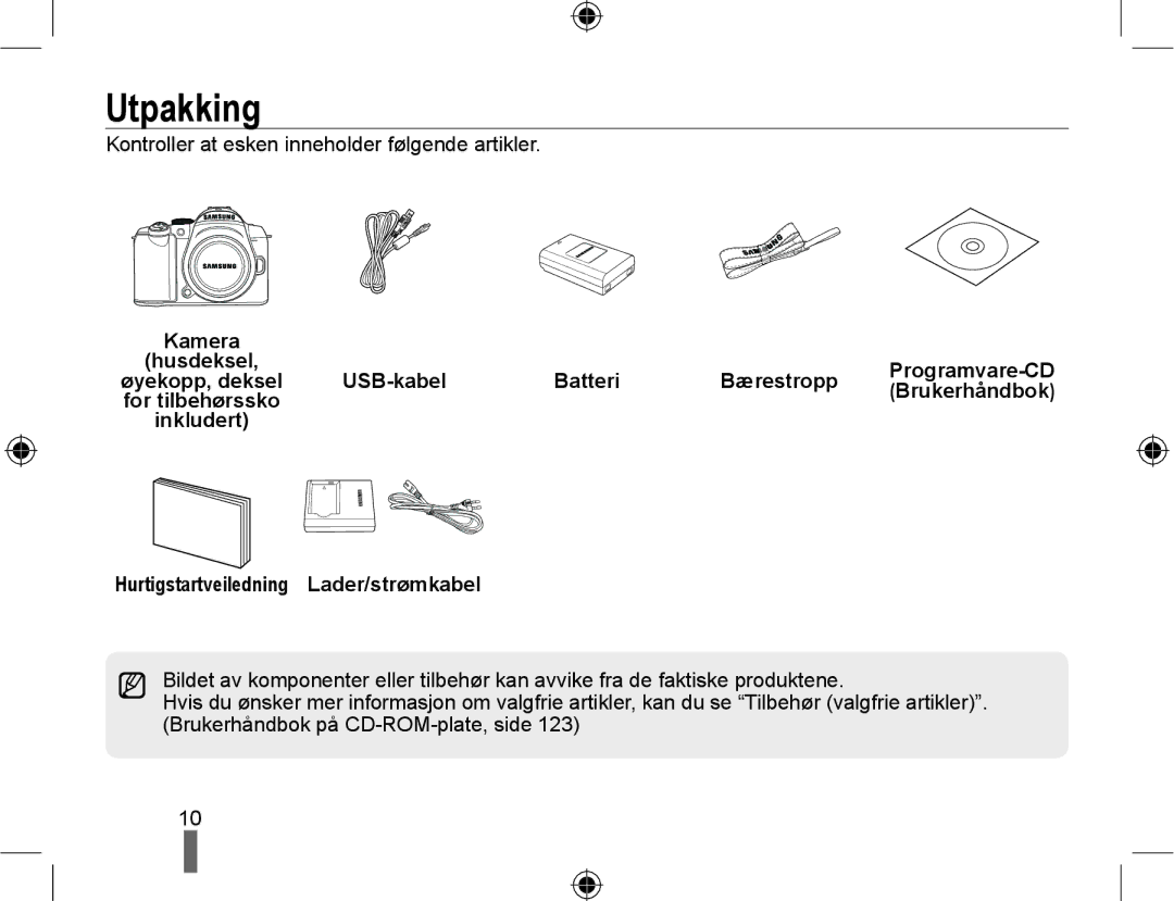 Samsung EV-NX10ZZBCBSE, EV-NX10ZZBABDK Utpakking, Kamera, USB-kabel Batteri Bærestropp, Øyekopp, deksel, Brukerhåndbok 