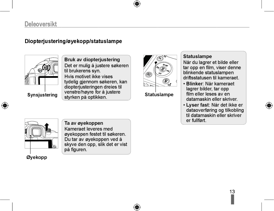 Samsung EV-NX10ZZBCBSE Diopterjustering/øyekopp/statuslampe, Synsjustering Øyekopp Bruk av diopterjustering, Statuslampe 