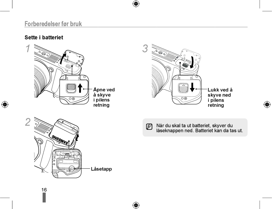 Samsung EV-NX10ZZBCBSE, EV-NX10ZZBABDK, EV-NX10ZZBABSE manual Forberedelser før bruk, Sette i batteriet 