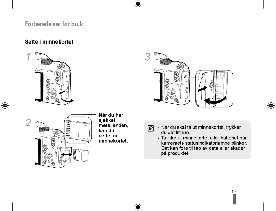 Samsung EV-NX10ZZBABSE, EV-NX10ZZBABDK Sette i minnekortet, Når du har sjekket metallenden, kan du sette inn minnekortet 