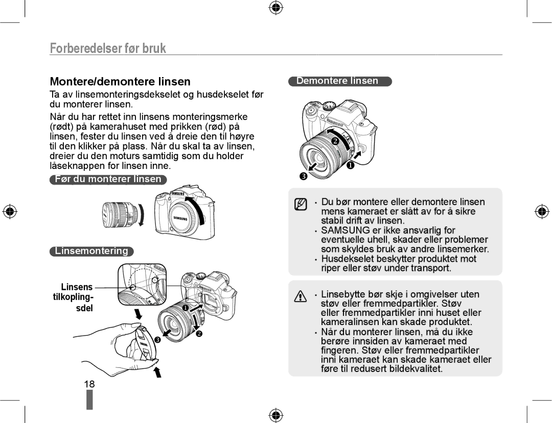 Samsung EV-NX10ZZBABDK, EV-NX10ZZBCBSE Montere/demontere linsen, Før du monterer linsen Linsemontering, Demontere linsen 