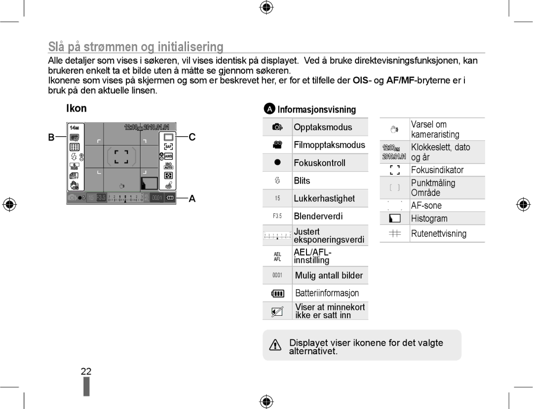 Samsung EV-NX10ZZBCBSE, EV-NX10ZZBABDK, EV-NX10ZZBABSE manual Ikon, Informasjonsvisning 