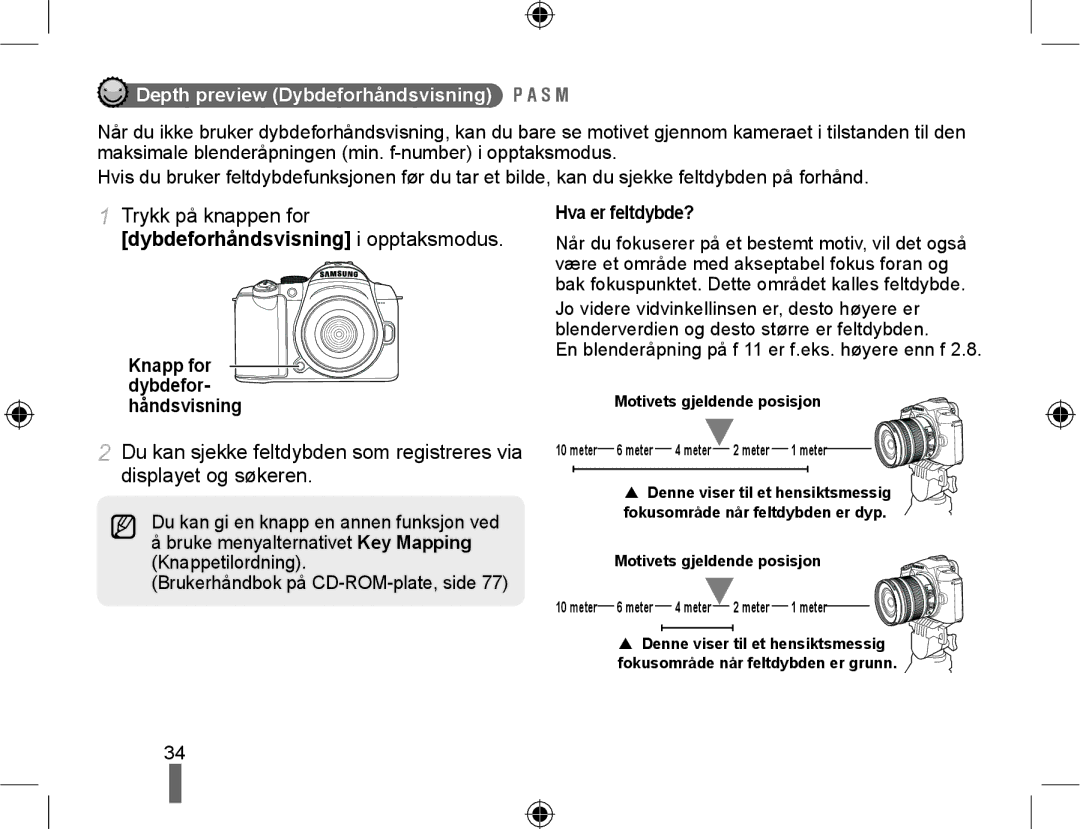 Samsung EV-NX10ZZBCBSE, EV-NX10ZZBABDK, EV-NX10ZZBABSE manual Depth preview Dybdeforhåndsvisning 