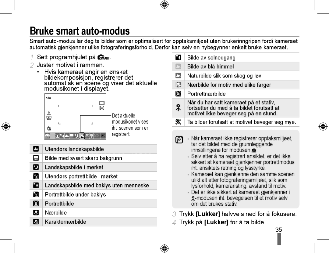 Samsung EV-NX10ZZBABSE, EV-NX10ZZBABDK, EV-NX10ZZBCBSE manual Bruke smart auto-modus, Iht. ansiktets retning og lysstyrke 