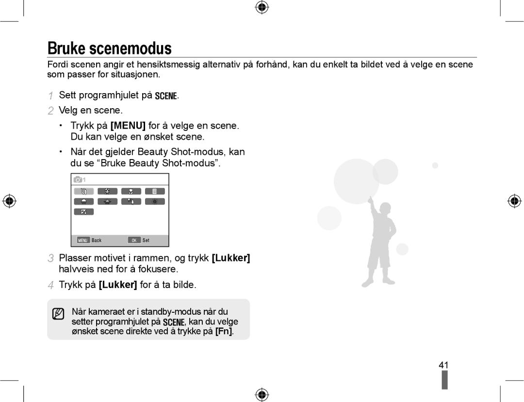 Samsung EV-NX10ZZBABSE, EV-NX10ZZBABDK, EV-NX10ZZBCBSE manual Bruke scenemodus 