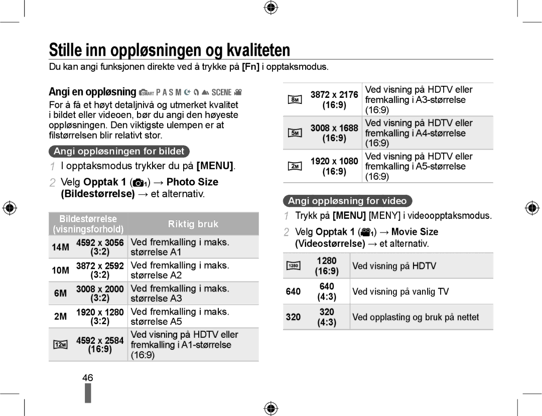 Samsung EV-NX10ZZBCBSE manual Stille inn oppløsningen og kvaliteten, Angi en oppløsning, Angi oppløsningen for bildet 