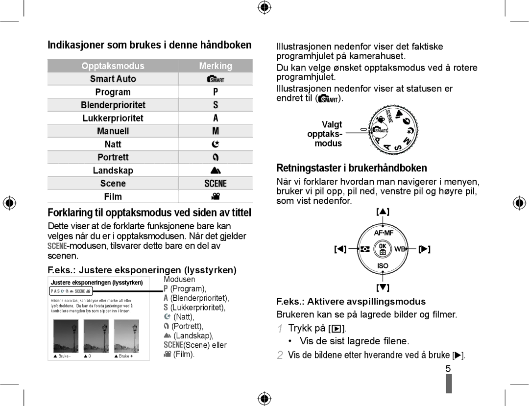 Samsung EV-NX10ZZBABSE manual Retningstaster i brukerhåndboken, Indikasjoner som brukes i denne håndboken, Merking 