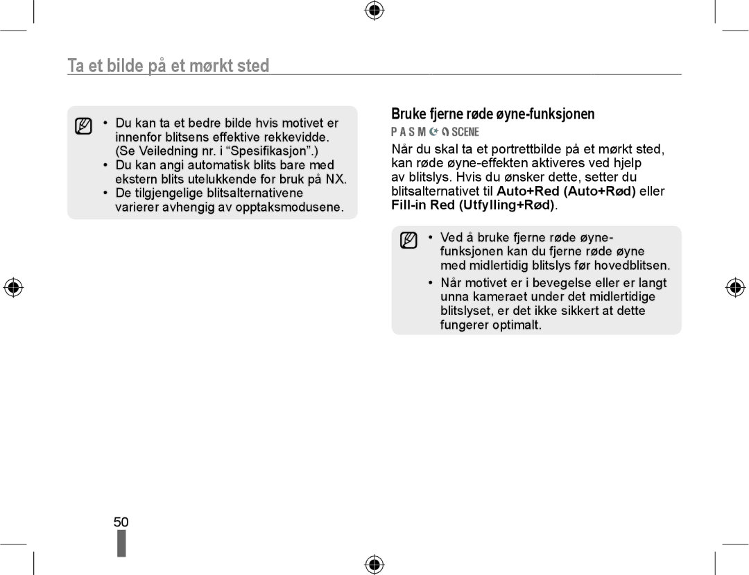 Samsung EV-NX10ZZBABSE, EV-NX10ZZBABDK, EV-NX10ZZBCBSE manual Ta et bilde på et mørkt sted, Bruke fjerne røde øyne-funksjonen 