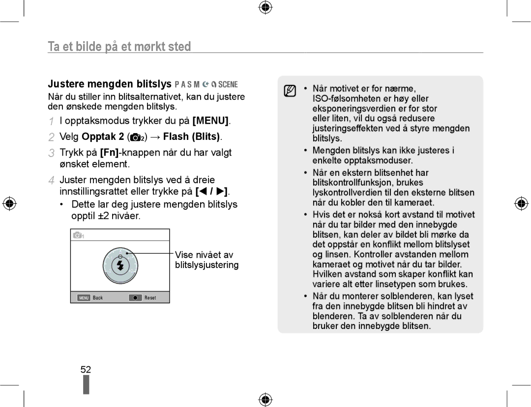 Samsung EV-NX10ZZBCBSE, EV-NX10ZZBABDK, EV-NX10ZZBABSE manual Justere mengden blitslys, Velg Opptak 2 2 → Flash Blits 