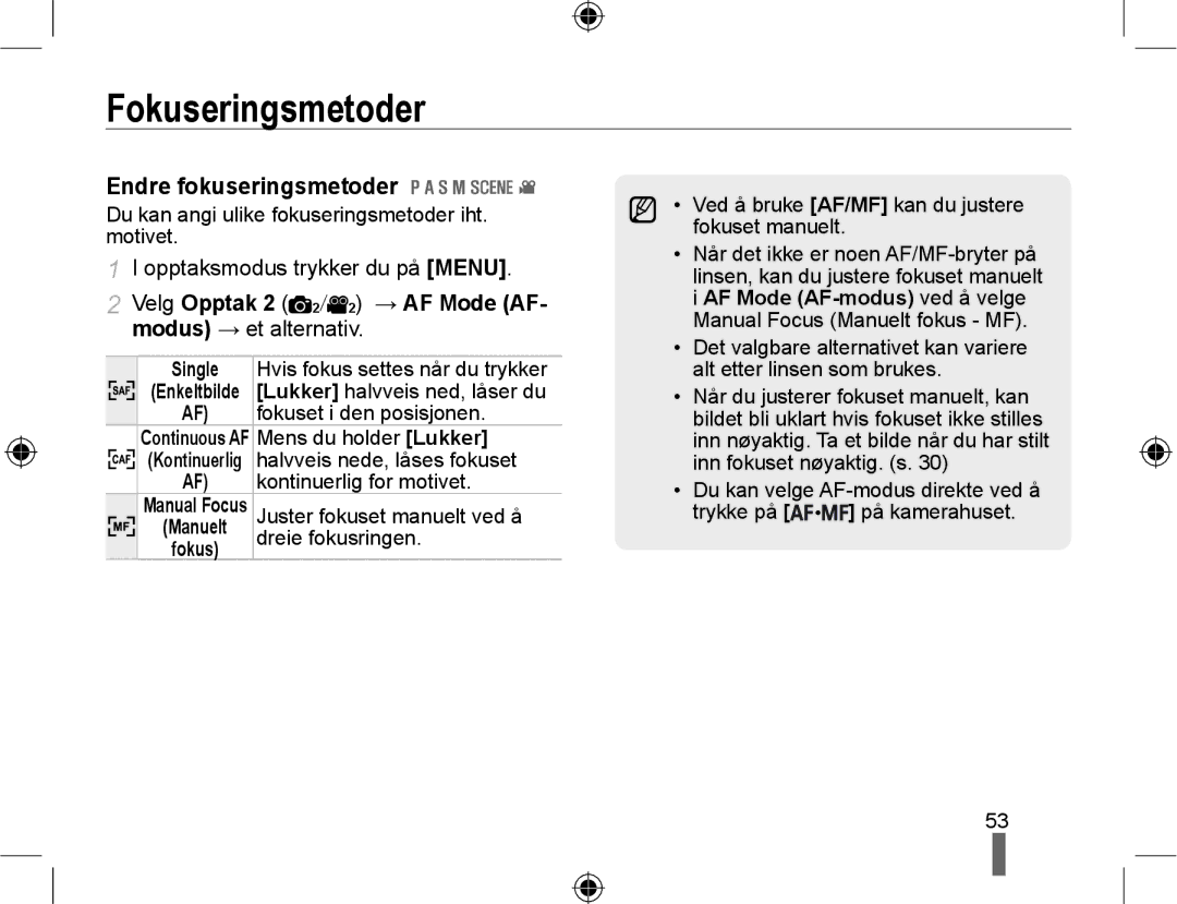 Samsung EV-NX10ZZBABSE, EV-NX10ZZBABDK, EV-NX10ZZBCBSE manual Fokuseringsmetoder, Endre fokuseringsmetoder, Single 