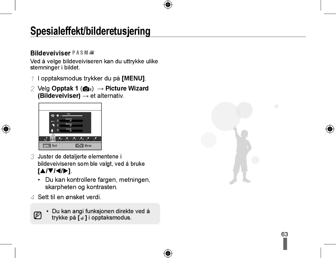 Samsung EV-NX10ZZBABDK, EV-NX10ZZBCBSE, EV-NX10ZZBABSE manual Spesialeffekt/bilderetusjering, Bildeveiviser 