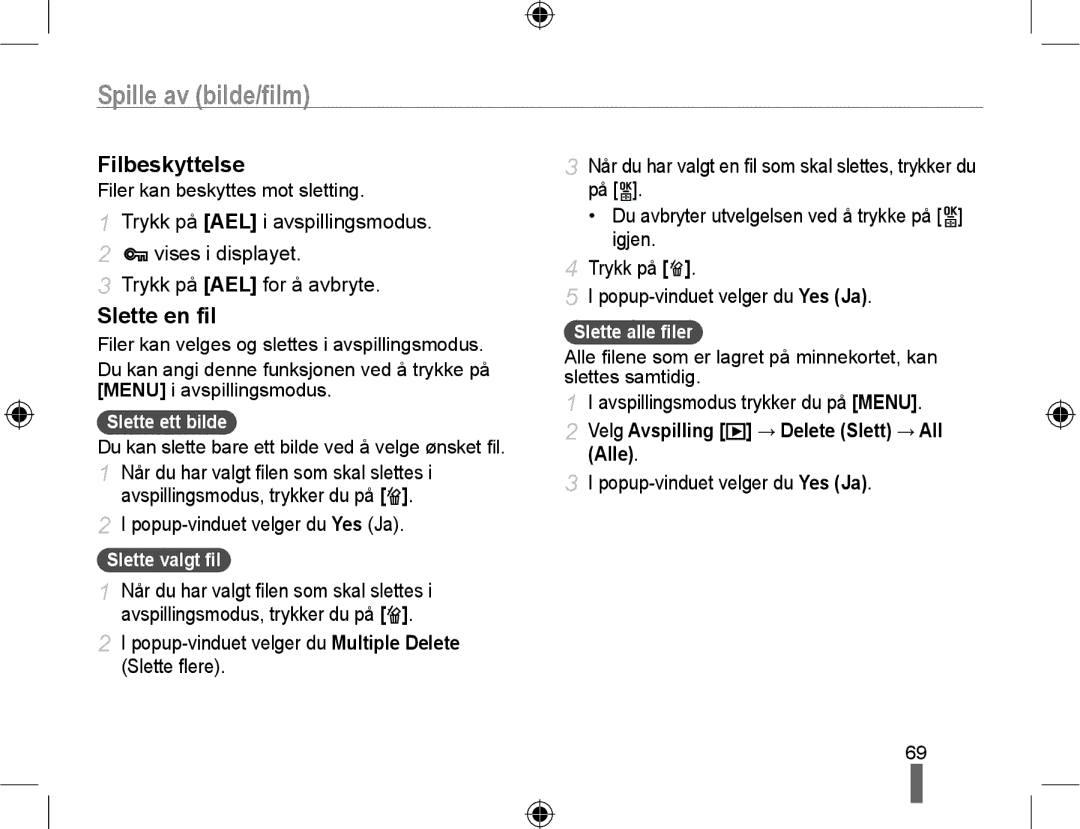 Samsung EV-NX10ZZBABDK, EV-NX10ZZBCBSE manual Filbeskyttelse, Slette en ﬁl, Velg Avspilling → Delete Slett → All Alle 