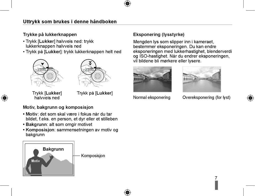 Samsung EV-NX10ZZBCBSE Uttrykk som brukes i denne håndboken, Trykke på lukkerknappen, Eksponering lysstyrke, Bakgrunn 
