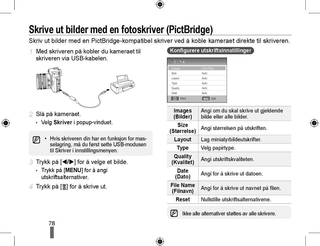 Samsung EV-NX10ZZBABDK, EV-NX10ZZBCBSE Skrive ut bilder med en fotoskriver PictBridge, Konﬁgurere utskriftsinnstillinger 