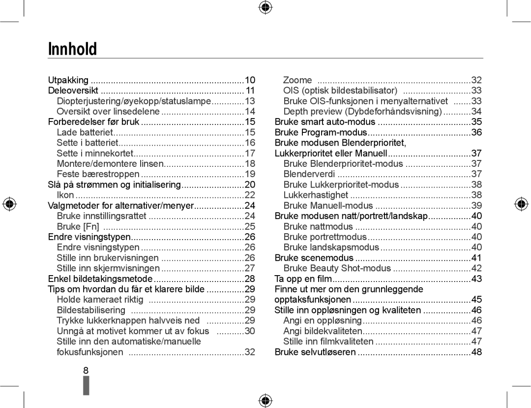 Samsung EV-NX10ZZBABSE, EV-NX10ZZBABDK, EV-NX10ZZBCBSE manual Innhold, Depth preview Dybdeforhåndsvisning 