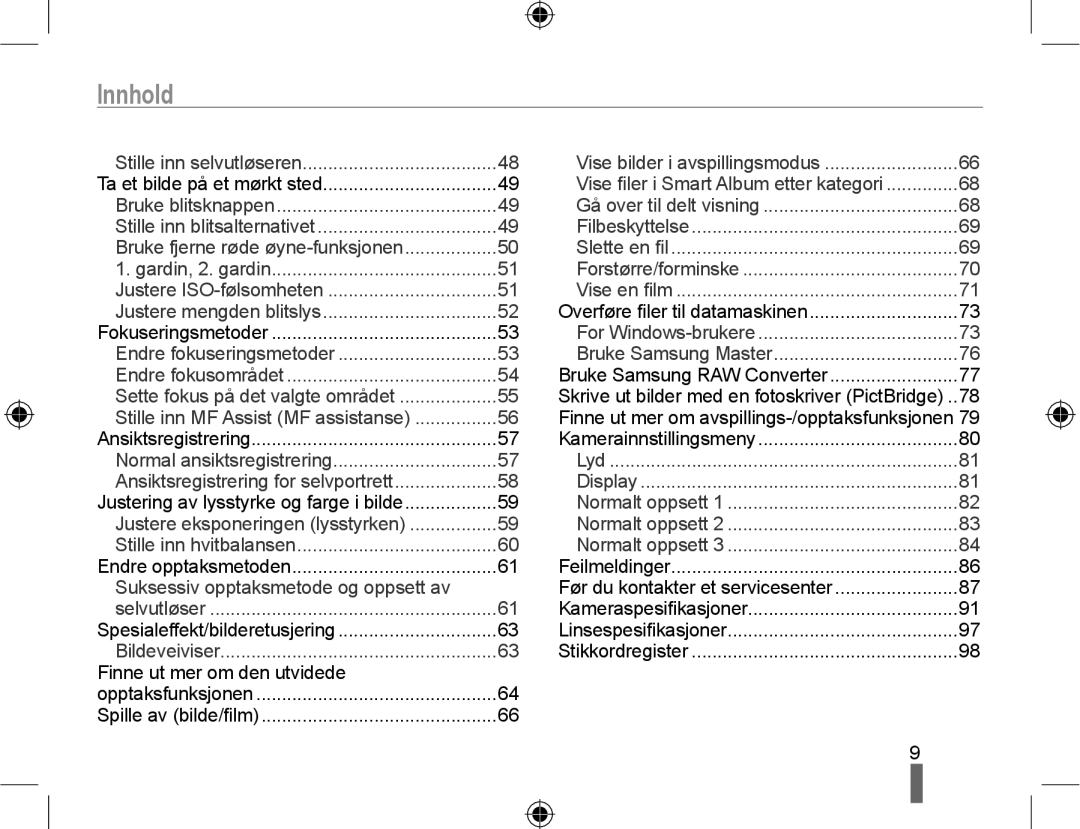 Samsung EV-NX10ZZBABDK, EV-NX10ZZBCBSE, EV-NX10ZZBABSE manual Innhold, Bruke fjerne røde øyne-funksjonen 