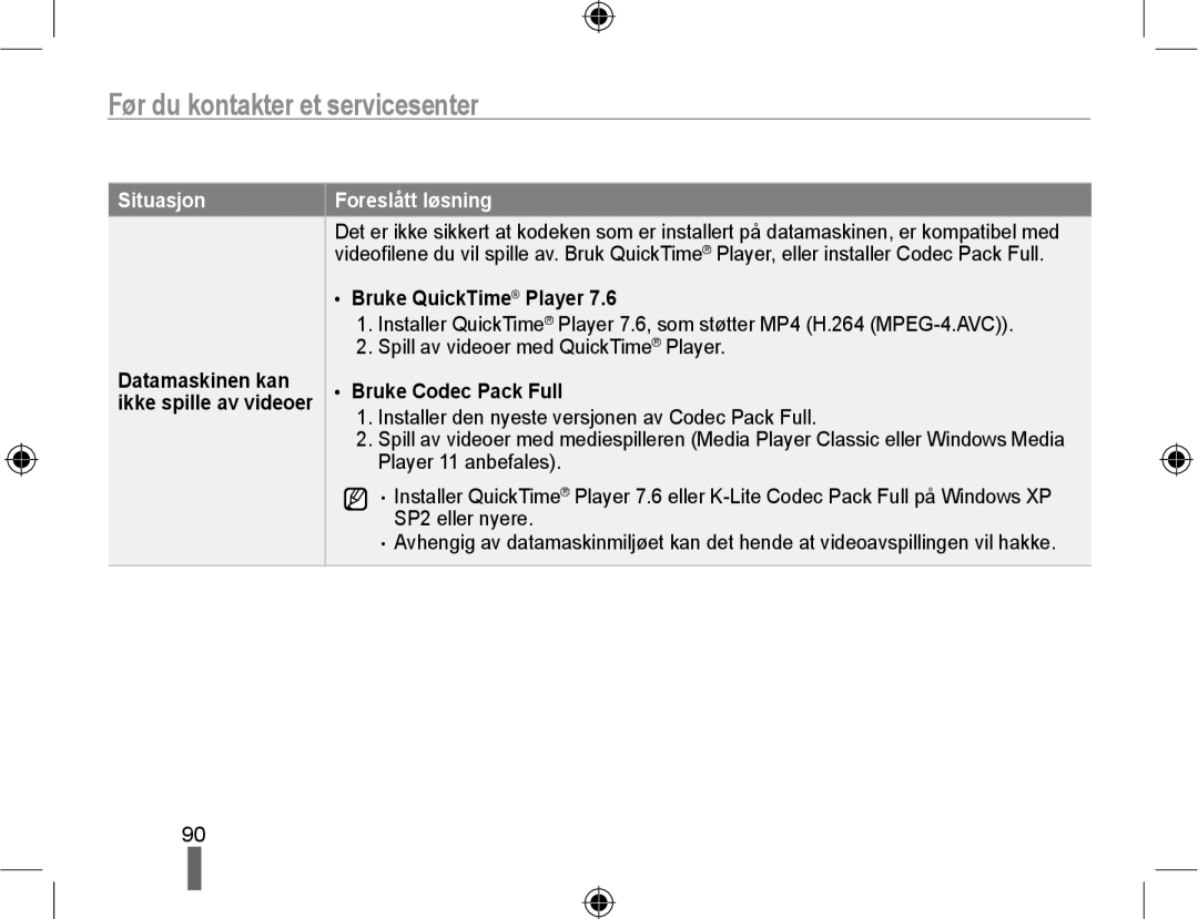 Samsung EV-NX10ZZBABDK, EV-NX10ZZBCBSE, EV-NX10ZZBABSE manual Bruke QuickTime Player, Datamaskinen kan Bruke Codec Pack Full 