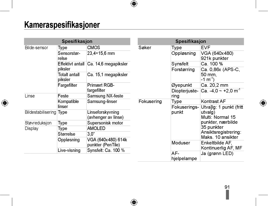 Samsung EV-NX10ZZBCBSE, EV-NX10ZZBABDK, EV-NX10ZZBABSE manual Kameraspesiﬁkasjoner, Spesiﬁkasjon 