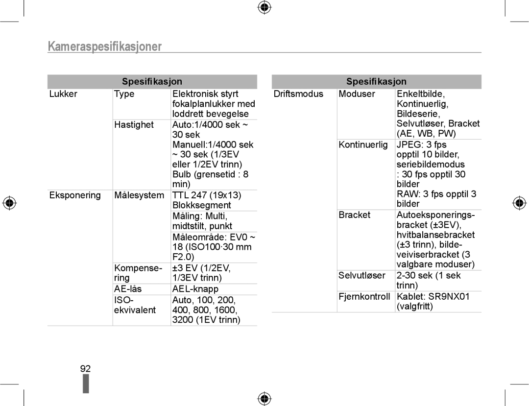 Samsung EV-NX10ZZBABSE, EV-NX10ZZBABDK, EV-NX10ZZBCBSE manual Kameraspesiﬁkasjoner 