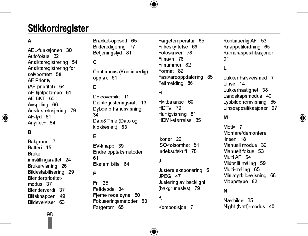 Samsung EV-NX10ZZBABSE, EV-NX10ZZBABDK, EV-NX10ZZBCBSE manual Stikkordregister, Hdtv 