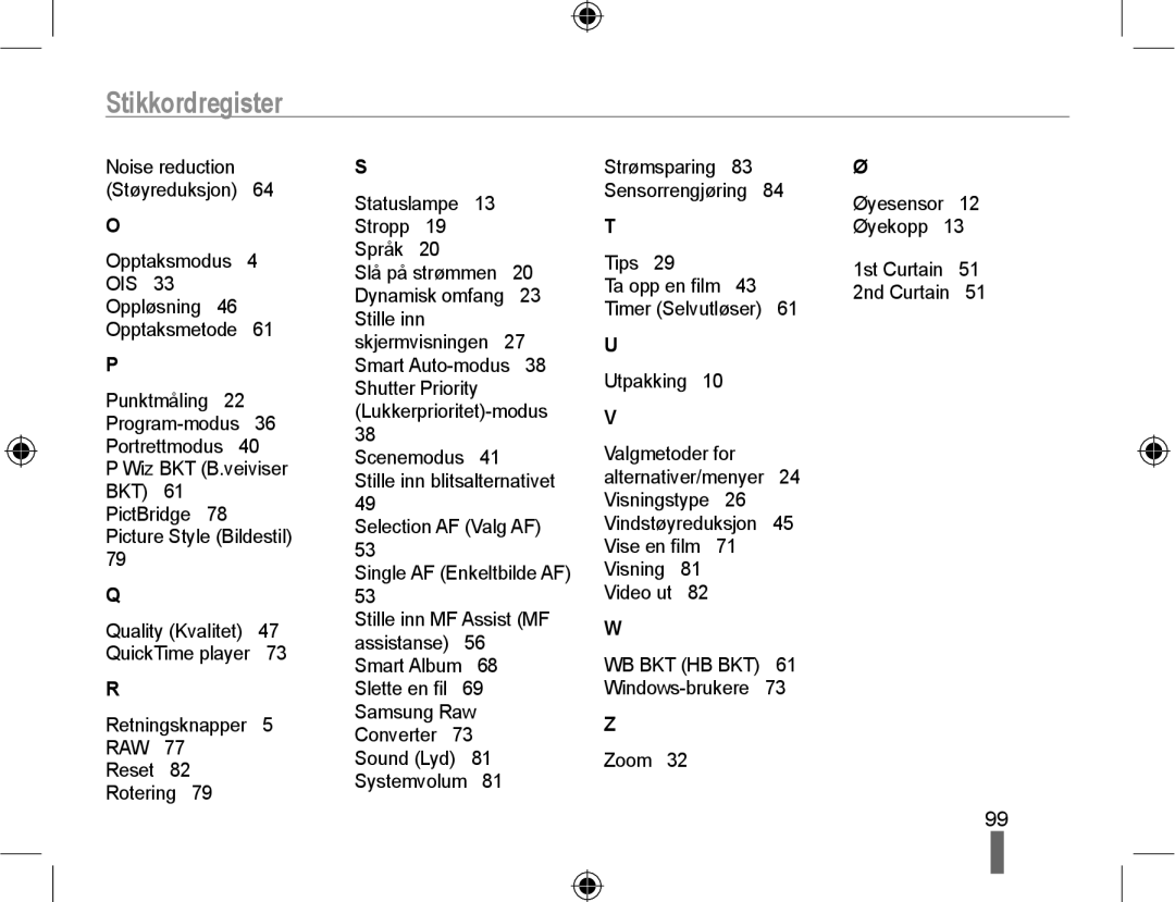 Samsung EV-NX10ZZBABDK, EV-NX10ZZBCBSE manual Stikkordregister, Zoom Øyesensor 12 Øyekopp 1st Curtain 51 2nd Curtain 