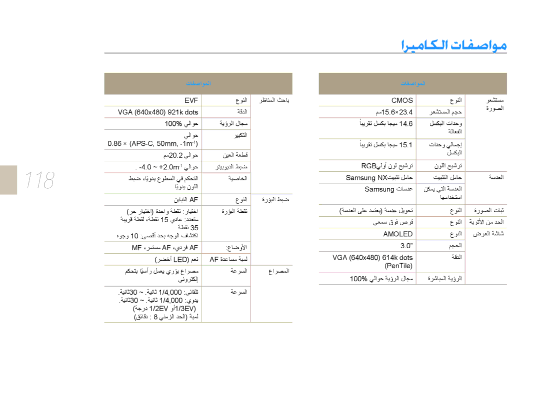 Samsung EV-NX10ZZBCBSA, EV-NX10ZZBABSA, EV-NX10ZZBABIL, EV-NX10ZZBABIR, EV-NX10ZZBABME manual اريماكلا تافصاوم, 118 