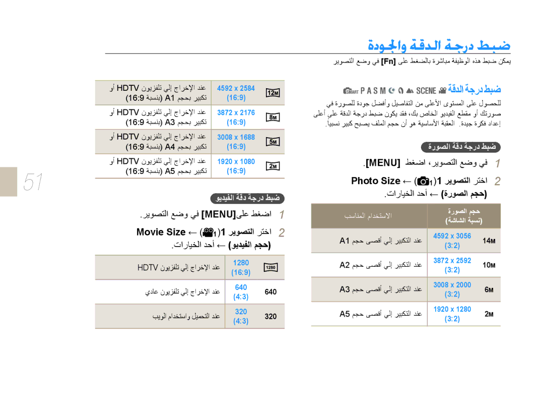 Samsung EV-NX10ZZBABIL manual ﺔﻗﺪﻟﺍ ﺔﺟﺭﺩ ﻂﺒﺿ, ﻮﻳﺪﻴﻔﻟﺍ ﺔﻗﺩ ﺔﺟﺭﺩ ﻂﺒﺿ, ﺓﺭﻮﺼﻟﺍ ﺔﻗﺩ ﺔﺟﺭﺩ ﻂﺒﺿ, ﺐﺳﺎﻨﻤﻟﺍ ﻡﺍﺪﺨﺘﺳﻻﺍ, ﺔﺷﺎﺸﻟﺍ ﺔﺒﺴﻧ 