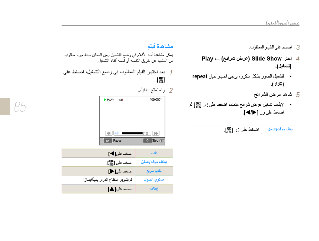 Samsung EV-NX10ZZBABSA, EV-NX10ZZBABIL, EV-NX10ZZBABIR manual ﻢﻠﻴﻓ ﺓﺪﻫﺎﺸﻣ, Play ﺢﺋﺍﺮﺷ ﺽﺮﻋ Slide Show ﺮﺘﺧﺍ, ﻞﻴﻐﺸﺗ, ﺭﺍﺮﻜﺗ 