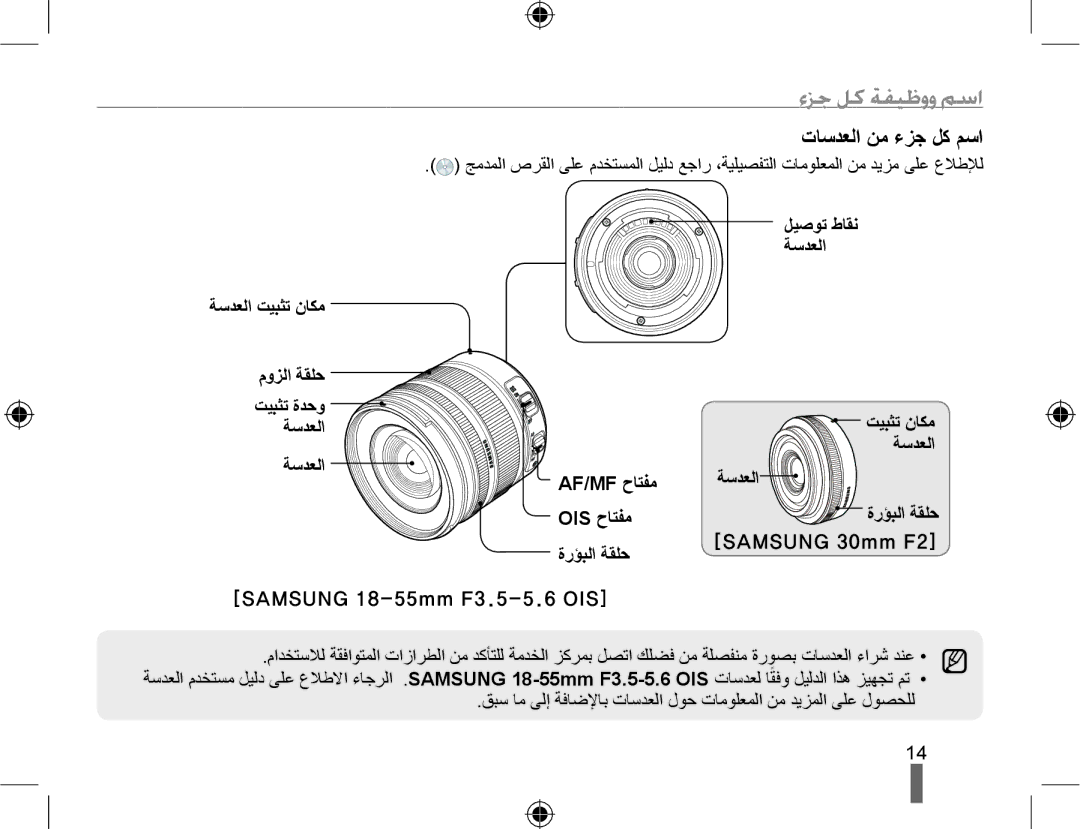 Samsung EV-NX10ZZBABME, EV-NX10ZZBABSA, EV-NX10ZZBABIL, EV-NX10ZZBABIR ﺕﺎﺳﺪﻌﻟﺍ ﻦﻣ ءﺰﺟ ﻞﻛ ﻢﺳﺍ, ﺖﻴﺒﺜﺗ ﻥﺎﻜﻣ ﺔﺳﺪﻌﻟﺍ ﺓﺭﺆﺒﻟﺍ ﺔﻘﻠﺣ 