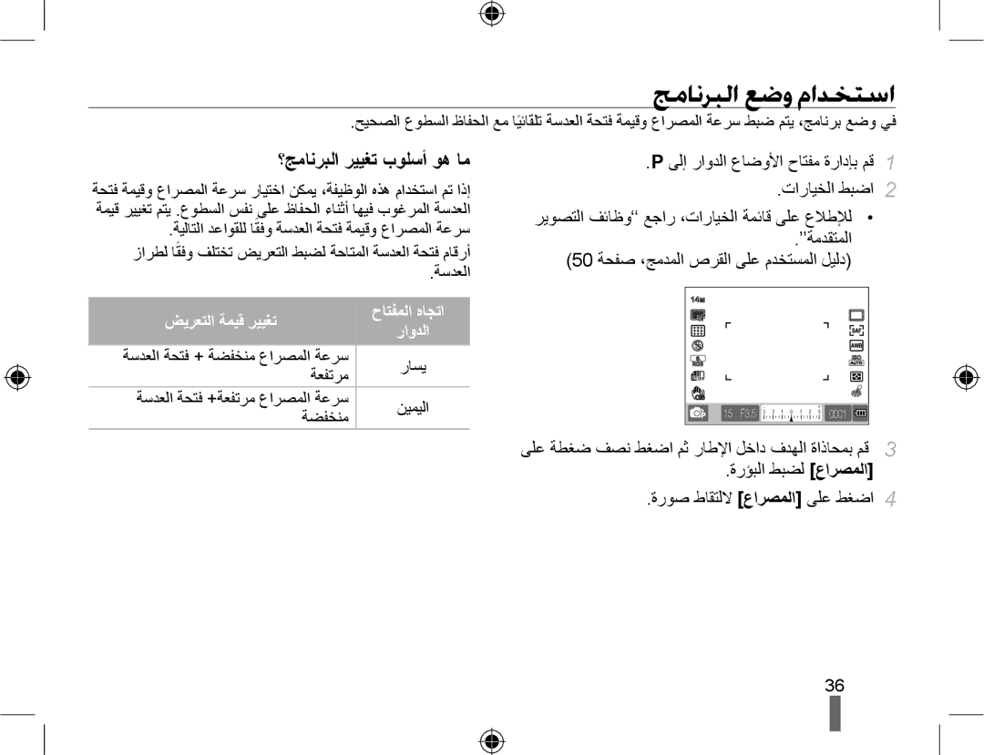 Samsung EV-NX10ZZBABIL ﺞﻣﺎﻧﺮﺒﻟﺍ ﻊﺿﻭ ﻡﺍﺪﺨﺘﺳﺍ, ؟ﺞﻣﺎﻧﺮﺒﻟﺍ ﺮﻴﻴﻐﺗ ﺏﻮﻠﺳﺃ ﻮﻫ ﺎﻣ, ﺓﺭﺆﺒﻟﺍ ﻂﺒﻀﻟ ﻉﺍﺮﺼﻤﻟﺍ ﺓﺭﻮﺻ ﻁﺎﻘﺘﻟﻻ ﻉﺍﺮﺼﻤﻟﺍ ﻰﻠﻋ ﻂﻐﺿﺍ 