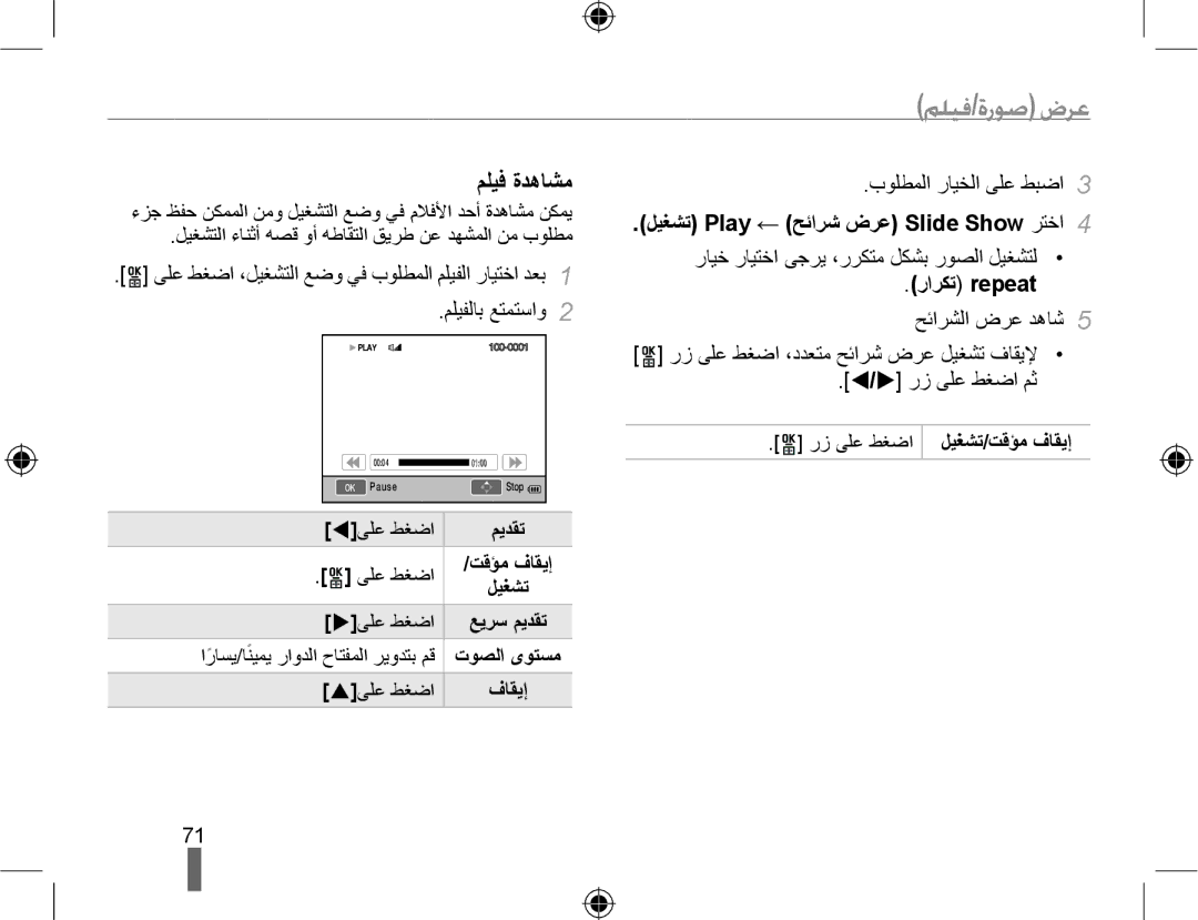 Samsung EV-NX10ZZBABIL, EV-NX10ZZBABSA, EV-NX10ZZBABIR ﻢﻠﻴﻓ ﺓﺪﻫﺎﺸﻣ, ﻞﻴﻐﺸﺗ Play ← ﺢﺋﺍﺮﺷ ﺽﺮﻋ Slide Show ﺮﺘﺧﺍ, ﺭﺍﺮﻜﺗ repeat 