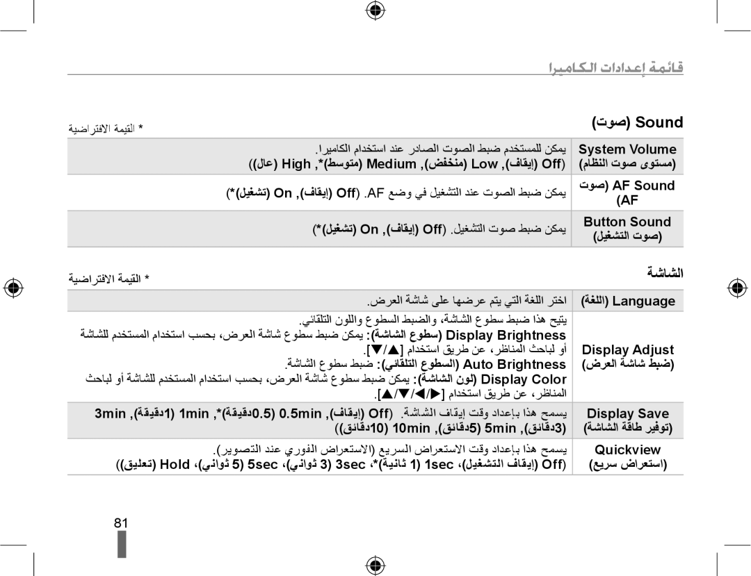 Samsung EV-NX10ZZBABIL, EV-NX10ZZBABSA, EV-NX10ZZBABIR, EV-NX10ZZBCBSA manual ﺍﺮﻴﻣﺎﻜﻟﺍ ﺕﺍﺩﺍﺪﻋﺇ ﺔﻤﺋﺎﻗ, ﺕﻮﺻ Sound, ﺔﺷﺎﺸﻟﺍ 