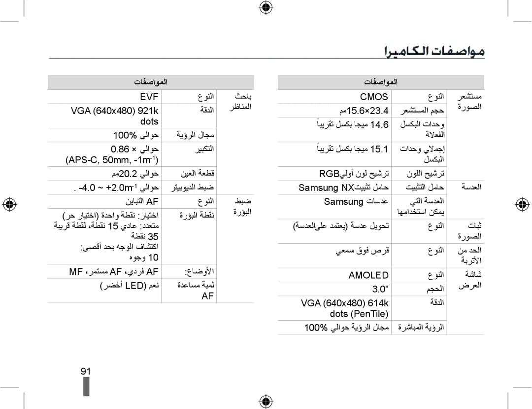 Samsung EV-NX10ZZBABIL, EV-NX10ZZBABSA, EV-NX10ZZBABIR, EV-NX10ZZBCBSA, EV-NX10ZZBABME manual ﺕﺎﻔﺻﺍﻮﻤﻟﺍ, Evf 