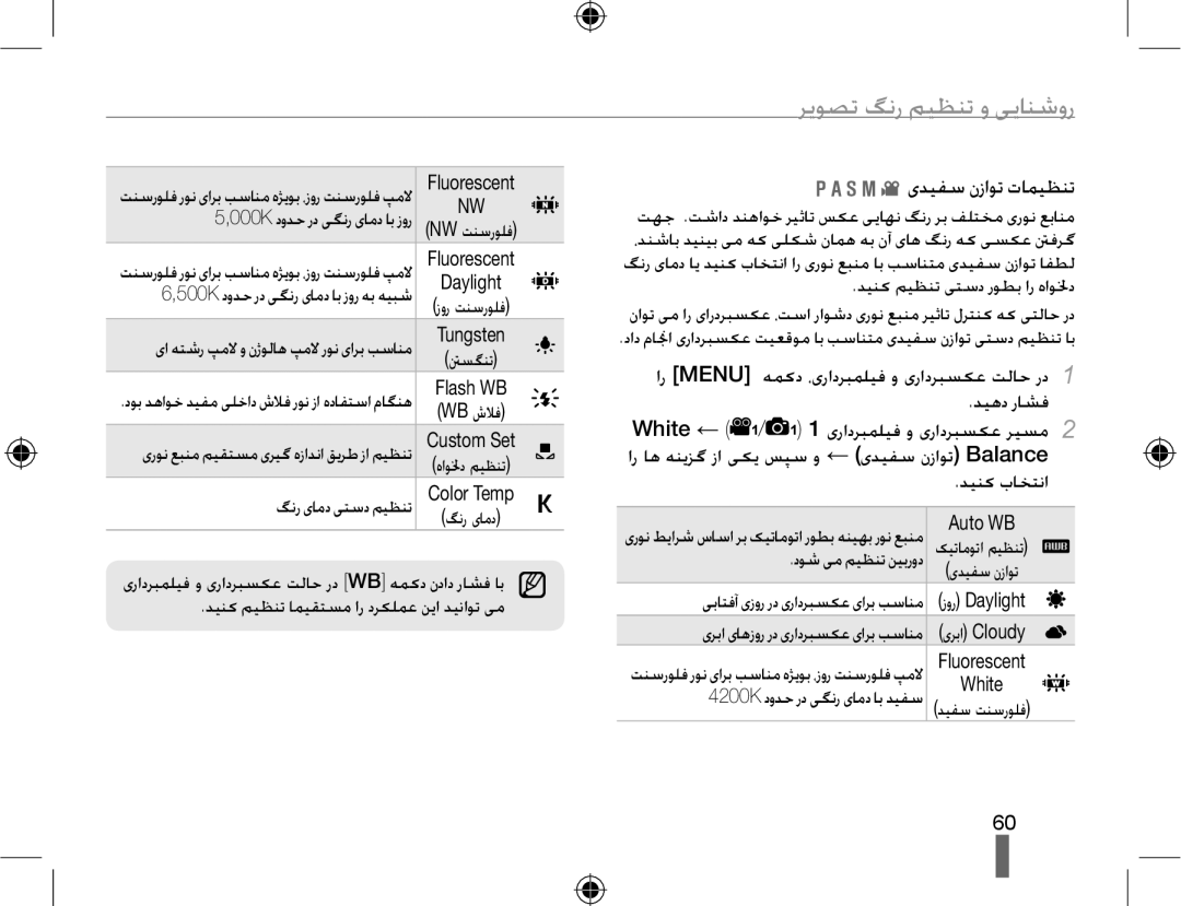 Samsung EV-NX10ZZBABSA, EV-NX10ZZBABIL, EV-NX10ZZBABIR, EV-NX10ZZBCBSA manual ﺮﯾﻮﺼﺗ ﮓﻧﺭ ﻢﯿﻈﻨﺗ ﻭ ﯽﯾﺎﻨﺷﻭﺭ, یﺪﯿﻔﺳ ﻥﺯﺍﻮﺗ ﺕﺎﻤﯿﻈﻨﺗ 