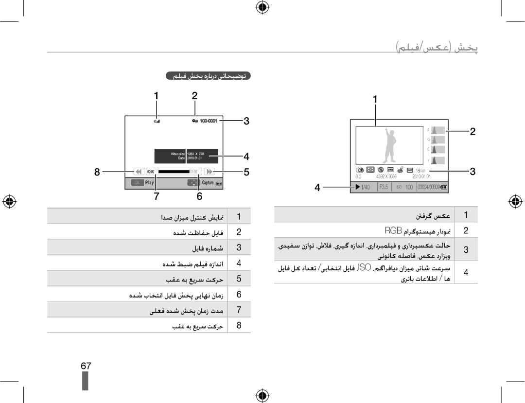 Samsung EV-NX10ZZBABIR, EV-NX10ZZBABSA manual ﻢﻠﯿﻓ/ﺲﮑﻋ ﺶﺨﭘ, Rgb ﻡﺍﺮﮔﻮﺘﺴﯿﻫ ﺭﺍﺩﻮﳕ, ﯽﻧﻮﻧﺎﮐ ﻪﻠﺻﺎﻓ ،ﺲﮑﻋ ﺩﺭﺍﺰﯾﻭ, یﺮﺗﺎﺑ ﺕﺎﻋﻼﻃﺍ / ﺎﻫ 