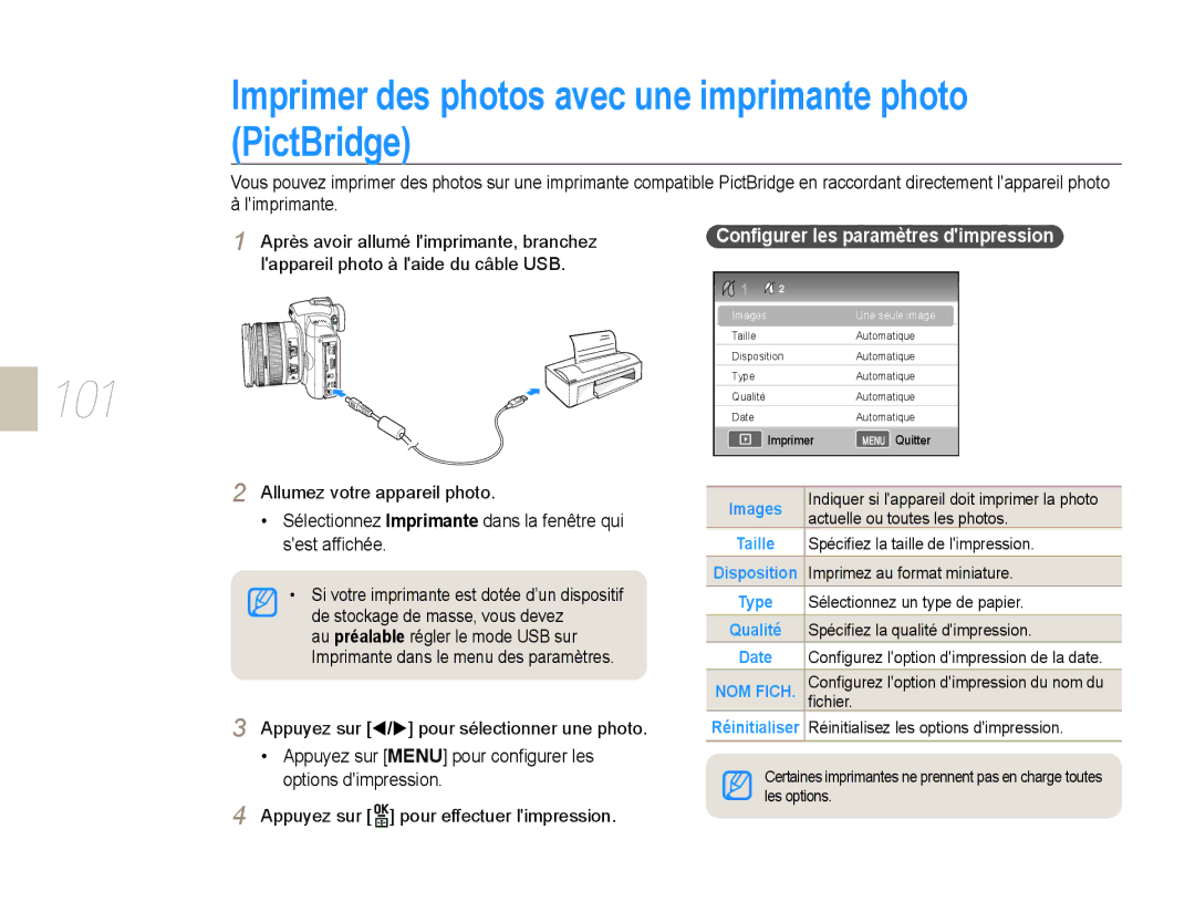 Samsung NX10-SEED/SEF manual Imprimer des photos avec une imprimante photo PictBridge, Conﬁgurer les paramètres dimpression 